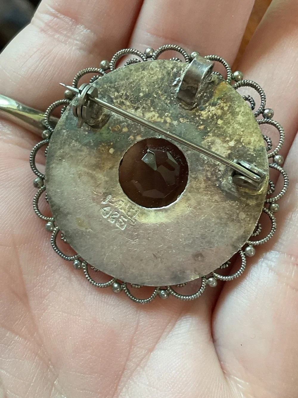Vintage Israel Sterling Silver Smoky Quartz Filigree Brooch Pendant